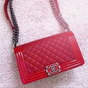Chanel Boy old medium. Cavair with patent trim.